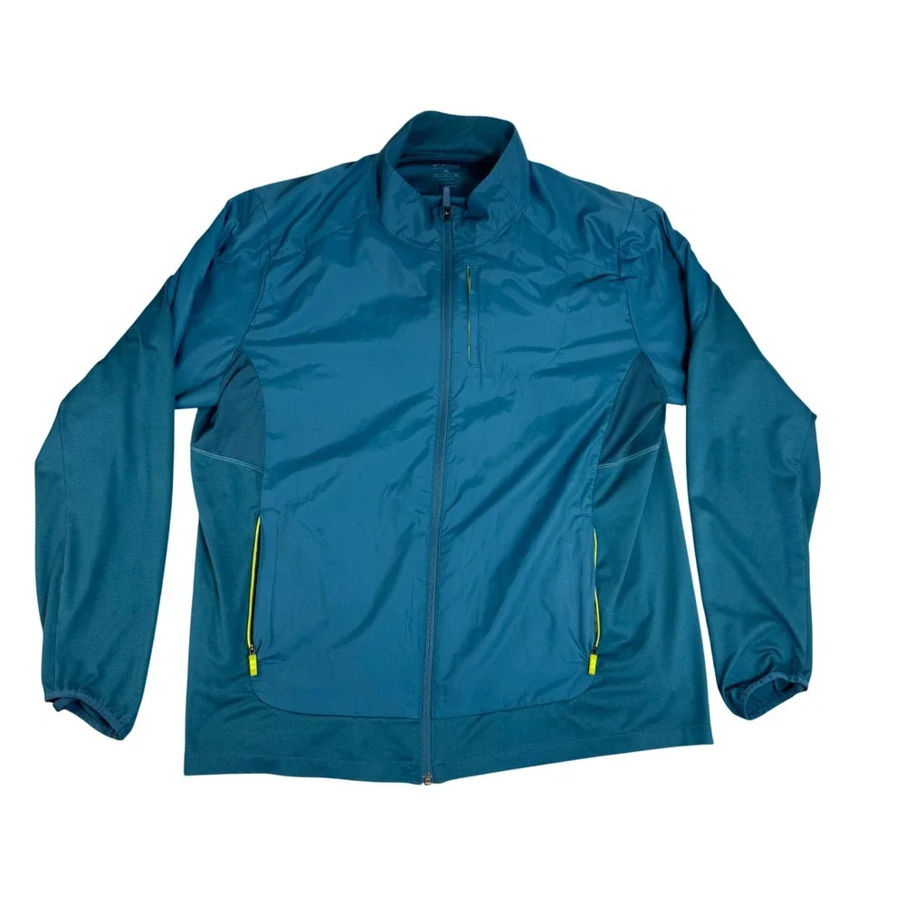 Brooks Run Happy Mens XL Teal Blue Full Zip Running Jacket Windbreaker Mock Neck